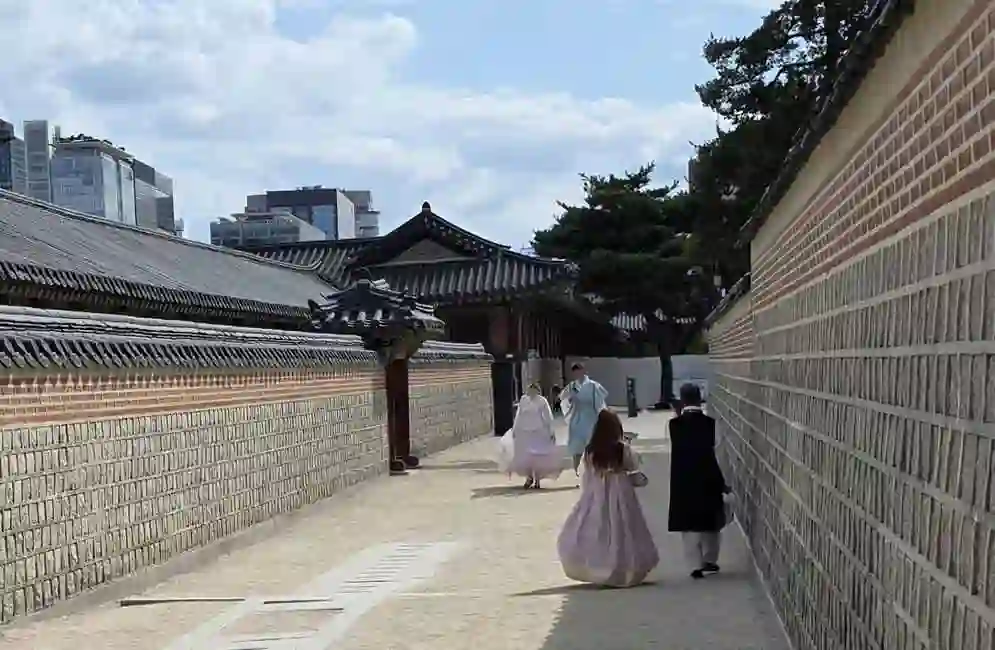 Photo of hanbok on the stone wall of Gyeongbokgung Palace