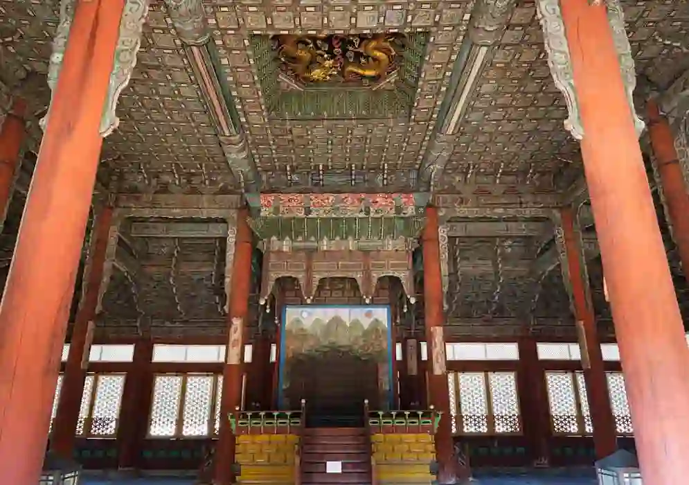 Dragon carving on the ceiling of Junghwajeon Hall, Deoksugung Palace